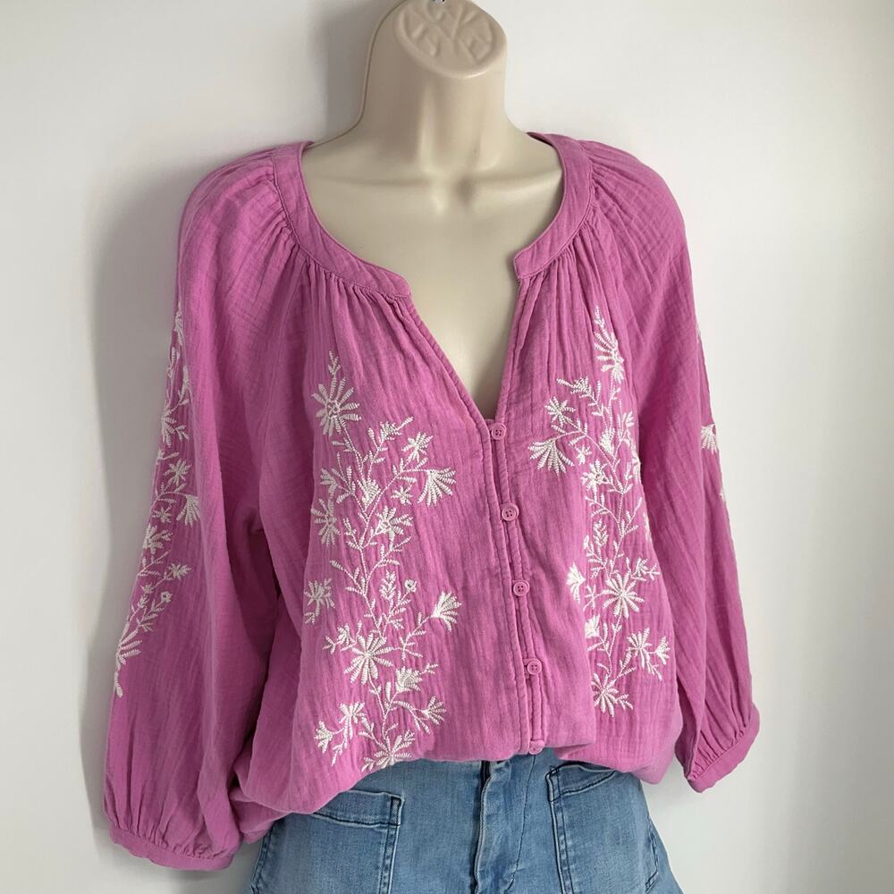 Style Co Pink Embroidered Floral Top Blouse 3/4 Sleeve Medium to Large Boho